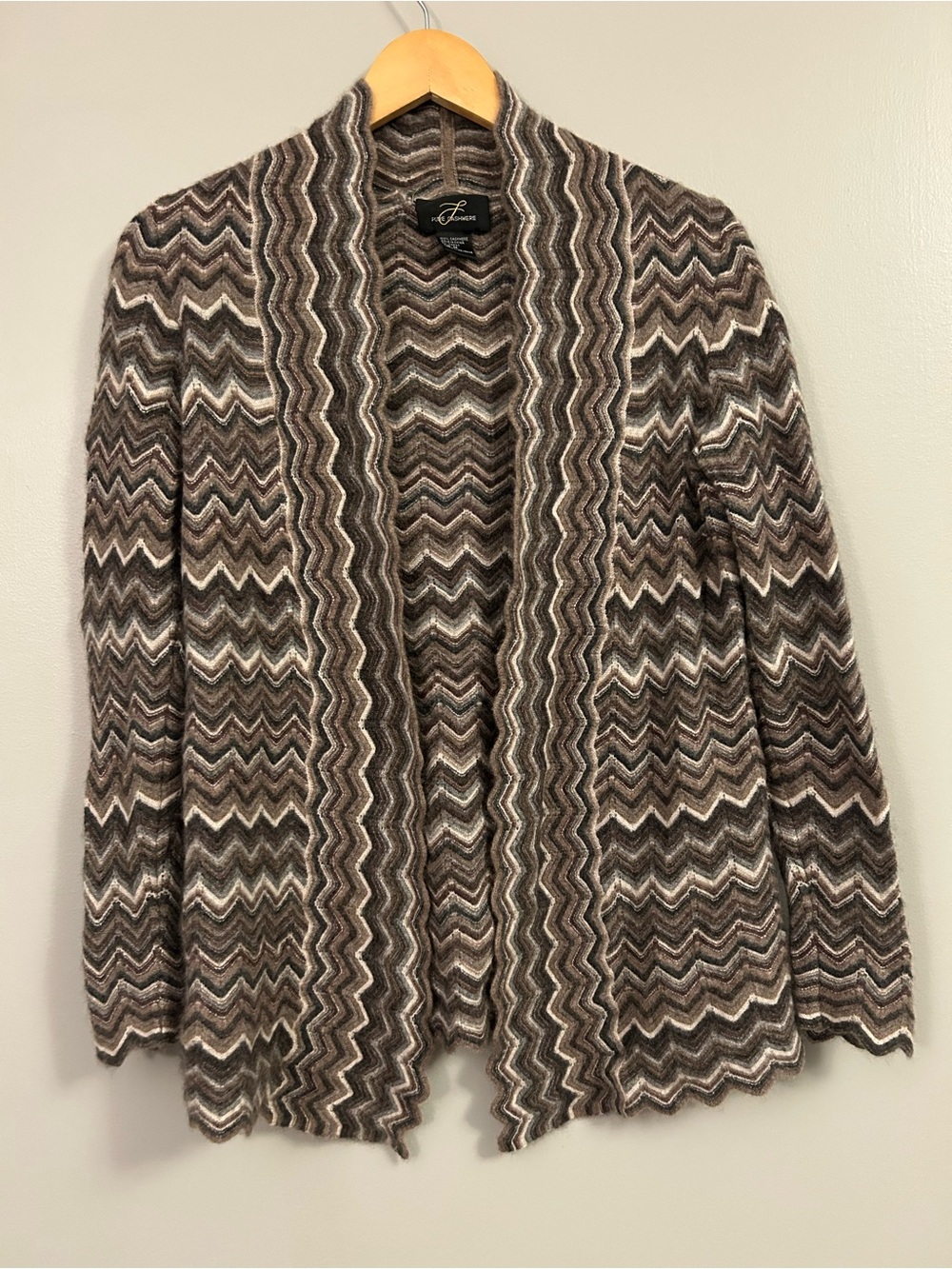 Pure Cashmere Open-Front Chevron Knit Cardigan - Brown/Gray/White Medium